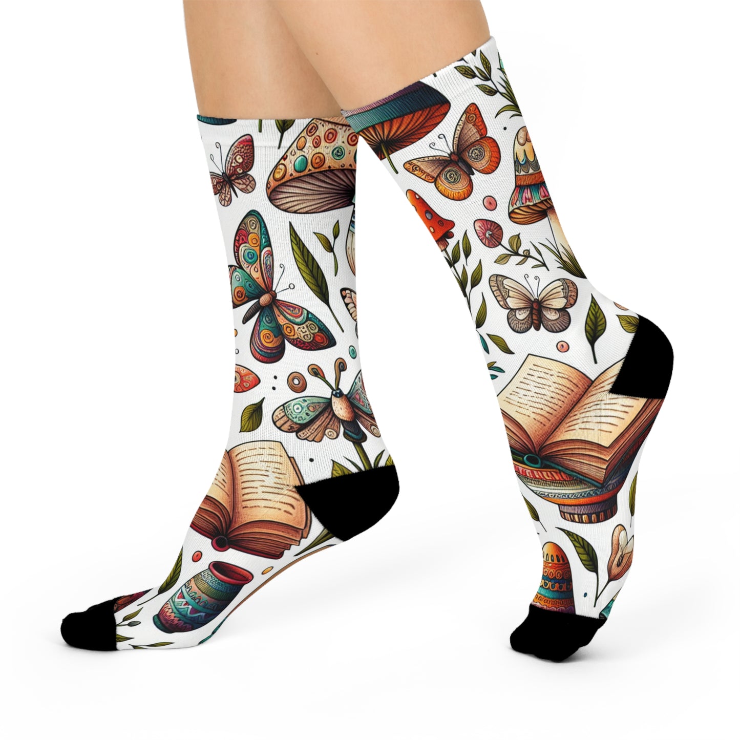 Whimsical Nature Crew Socks for Pottery and Book Lovers, Cozy Gift for Book Lovers, Unique Fashion Accessories, Perfect for Spring