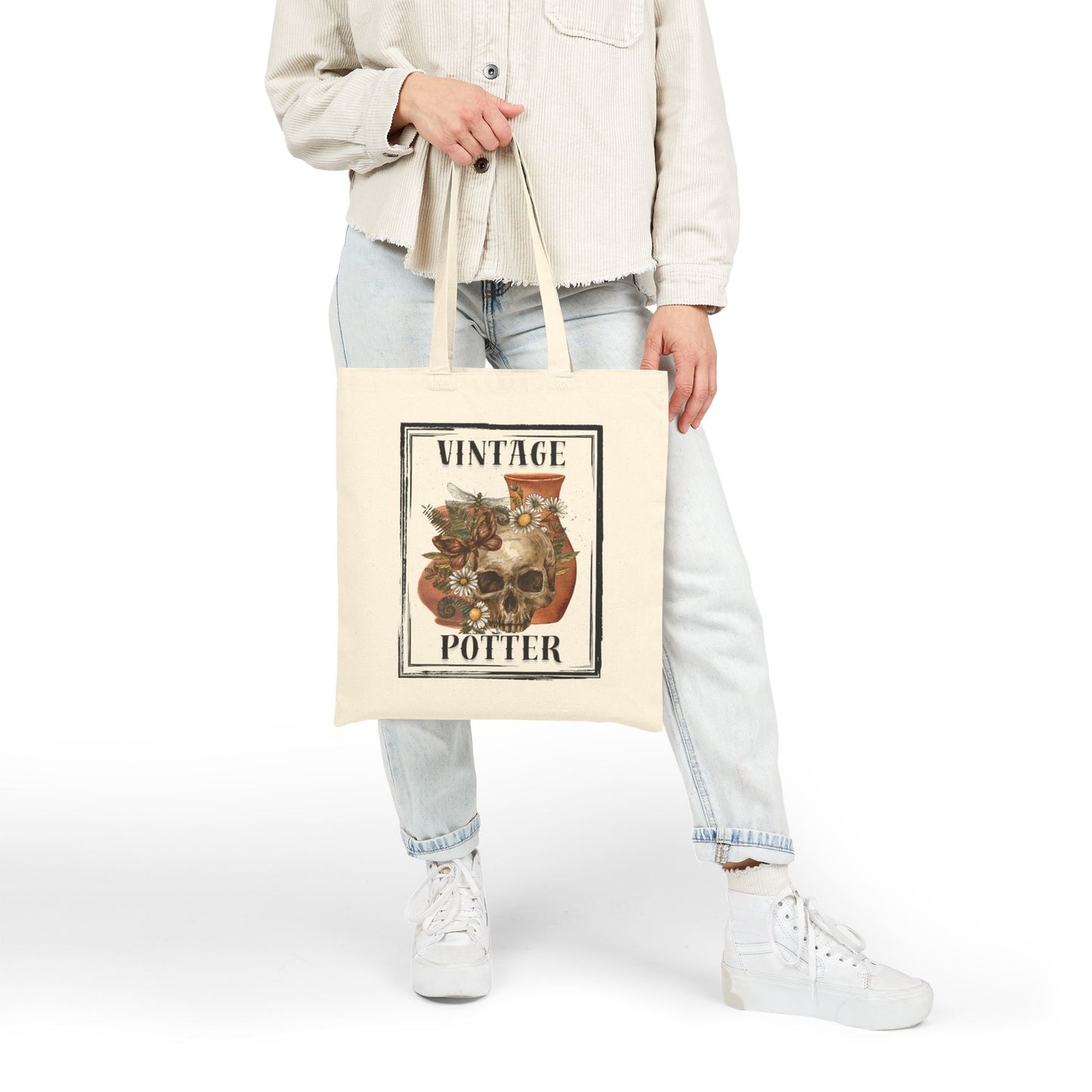 Vintage Potter Tote Bag, Skulls, Boho Canvas Bag, Eco-Friendly Shopping Bag, Artsy Gift