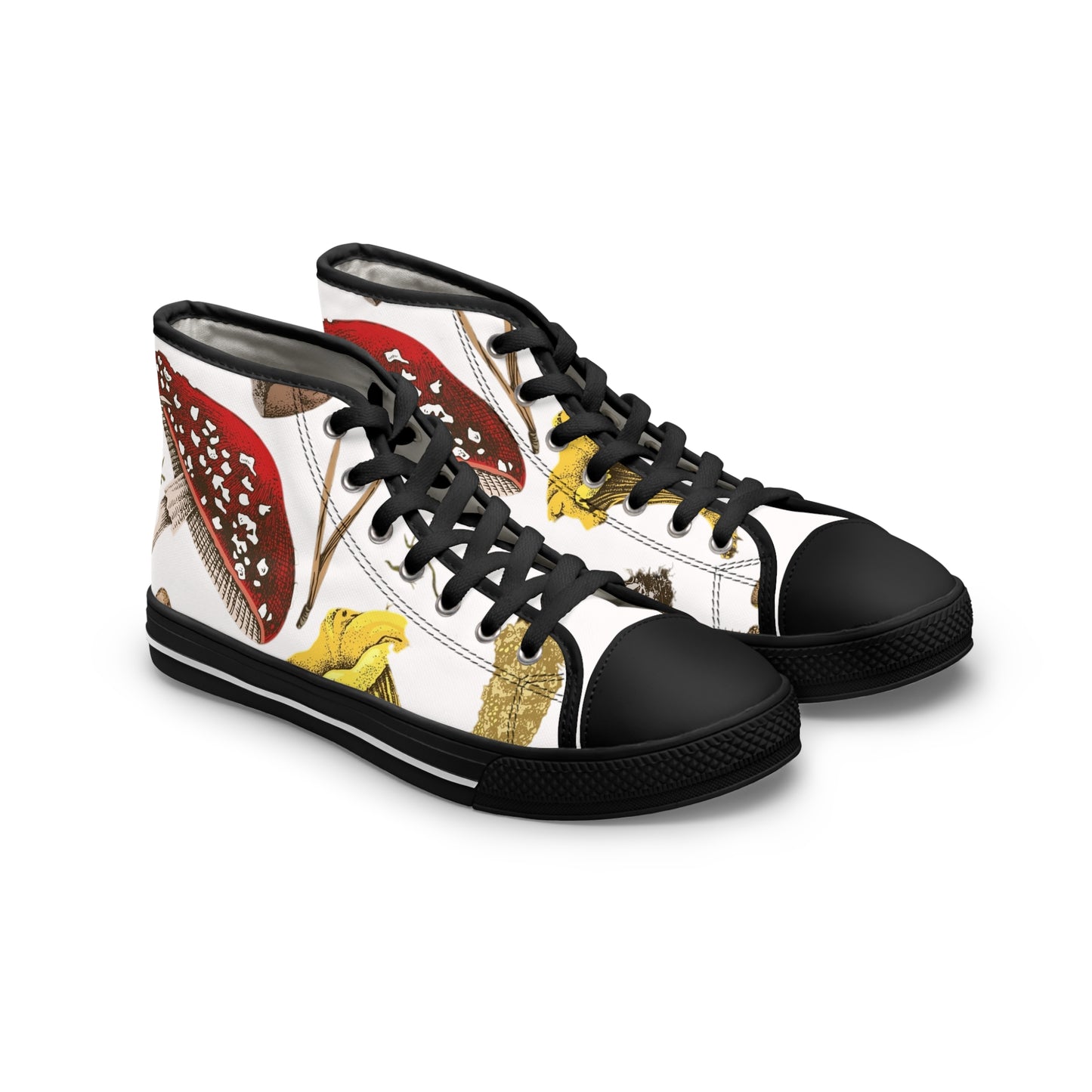 White Whimsical Mushroom Print High Top Sneakers for Nature Lovers, Unique Fashion Footwear, Boho Style, Gift for Her, Trendy Sneakers