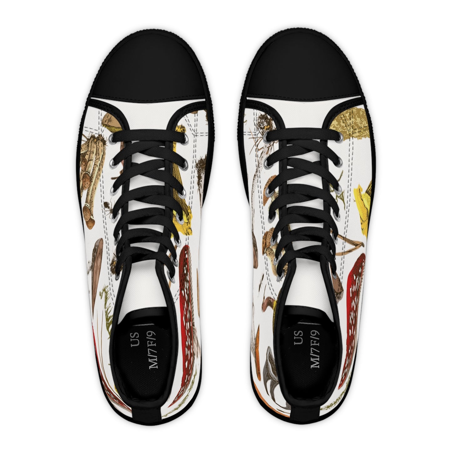 White Whimsical Mushroom Print High Top Sneakers for Nature Lovers, Unique Fashion Footwear, Boho Style, Gift for Her, Trendy Sneakers
