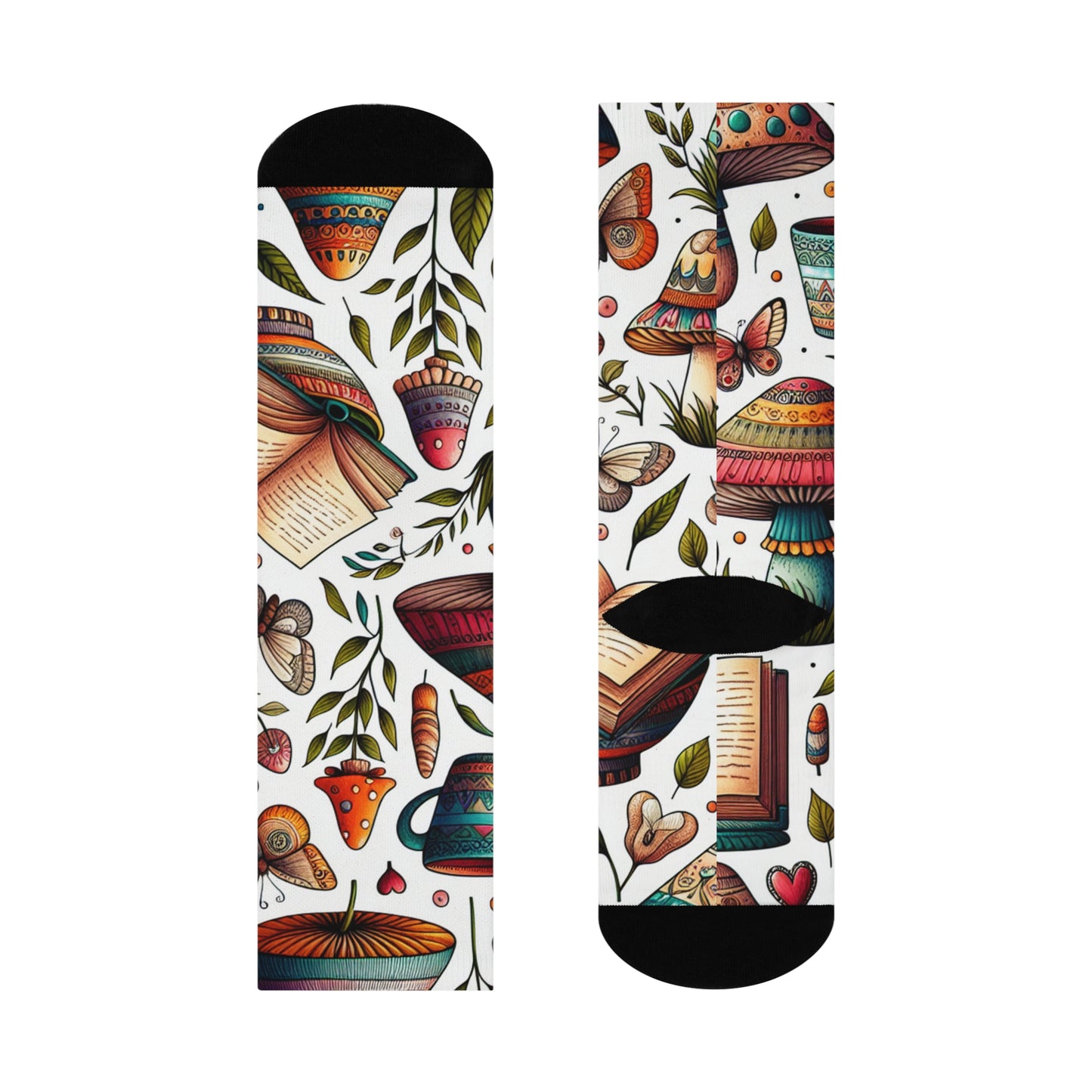 Whimsical Nature Crew Socks for Pottery and Book Lovers, Cozy Gift for Book Lovers, Unique Fashion Accessories, Perfect for Spring