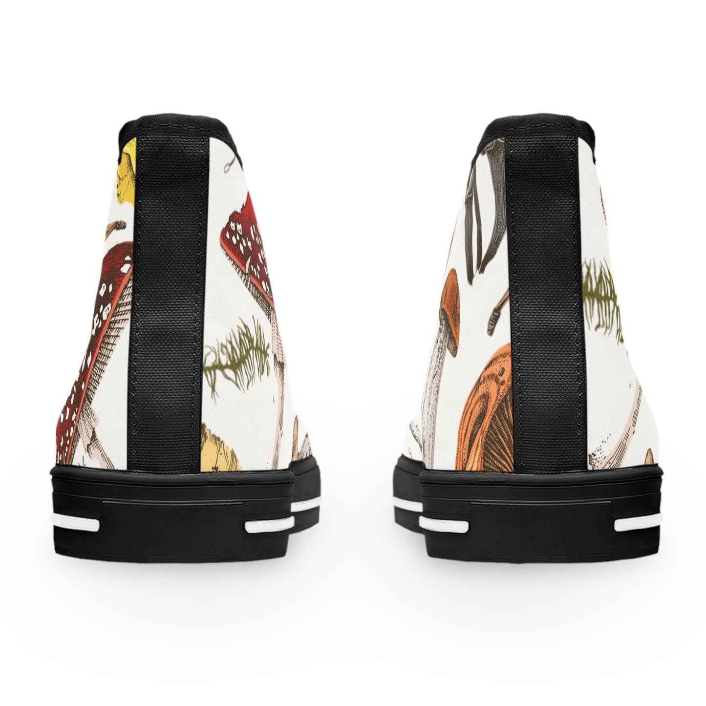 White Whimsical Mushroom Print High Top Sneakers for Nature Lovers, Unique Fashion Footwear, Boho Style, Gift for Her, Trendy Sneakers