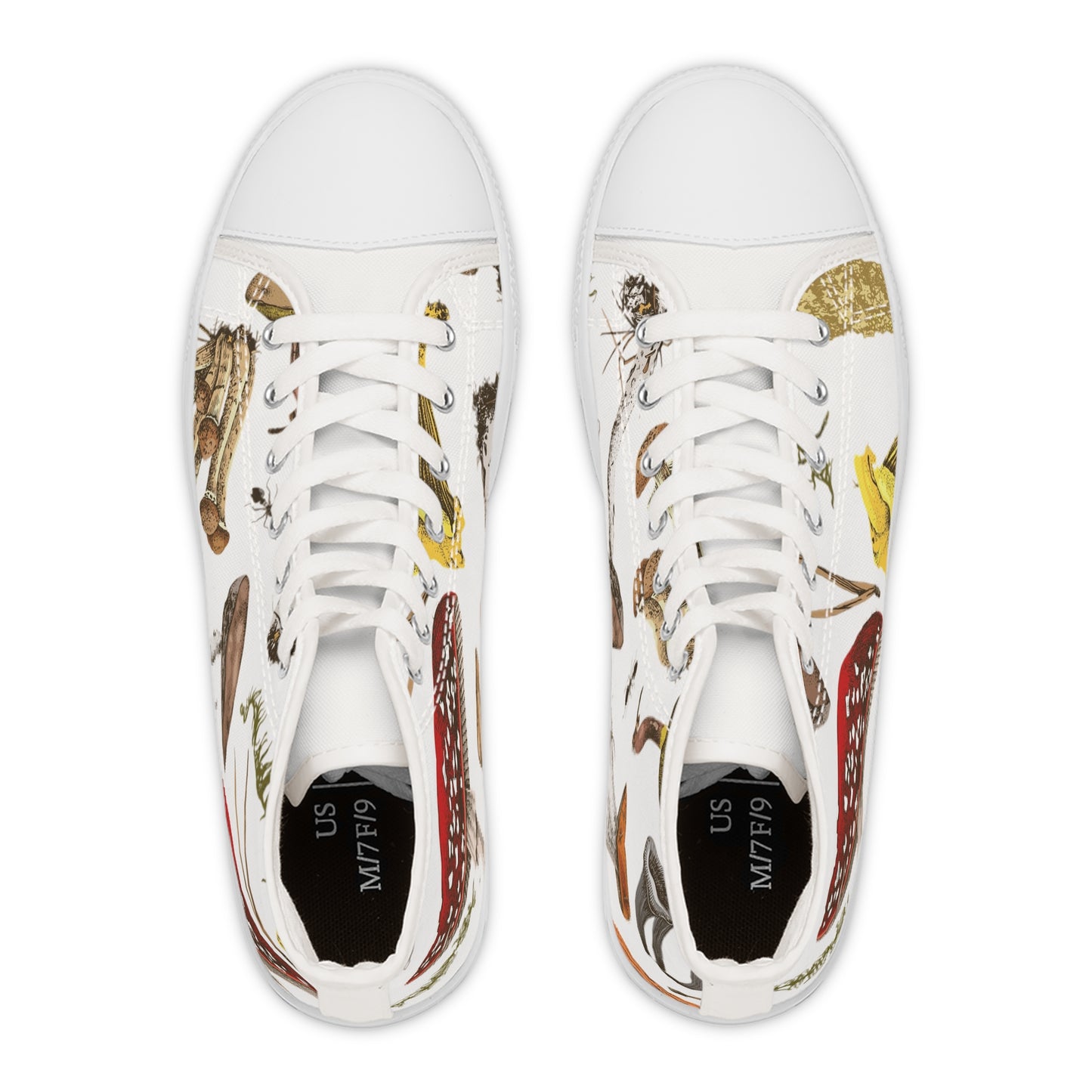 White Whimsical Mushroom Print High Top Sneakers for Nature Lovers, Unique Fashion Footwear, Boho Style, Gift for Her, Trendy Sneakers