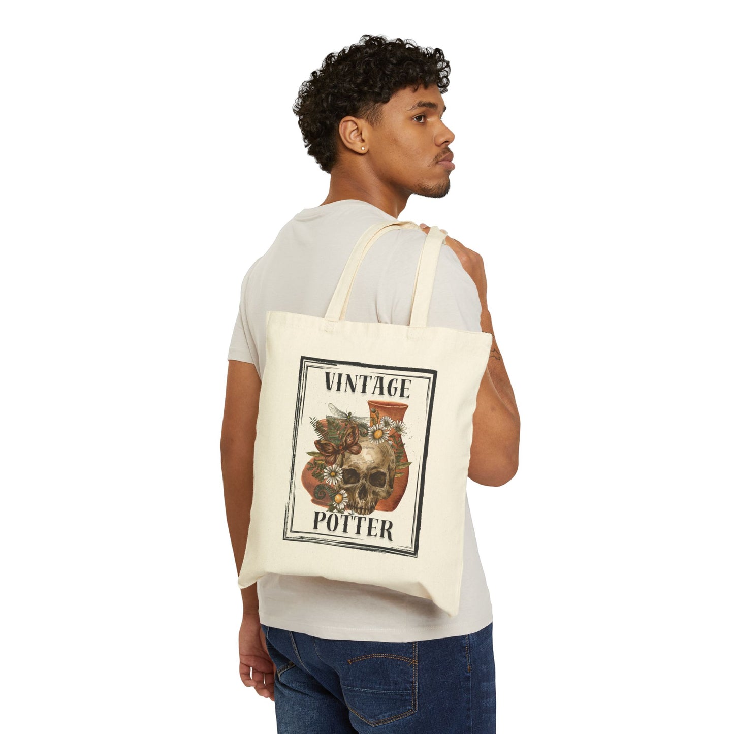Vintage Potter Tote Bag, Skulls, Boho Canvas Bag, Eco-Friendly Shopping Bag, Artsy Gift
