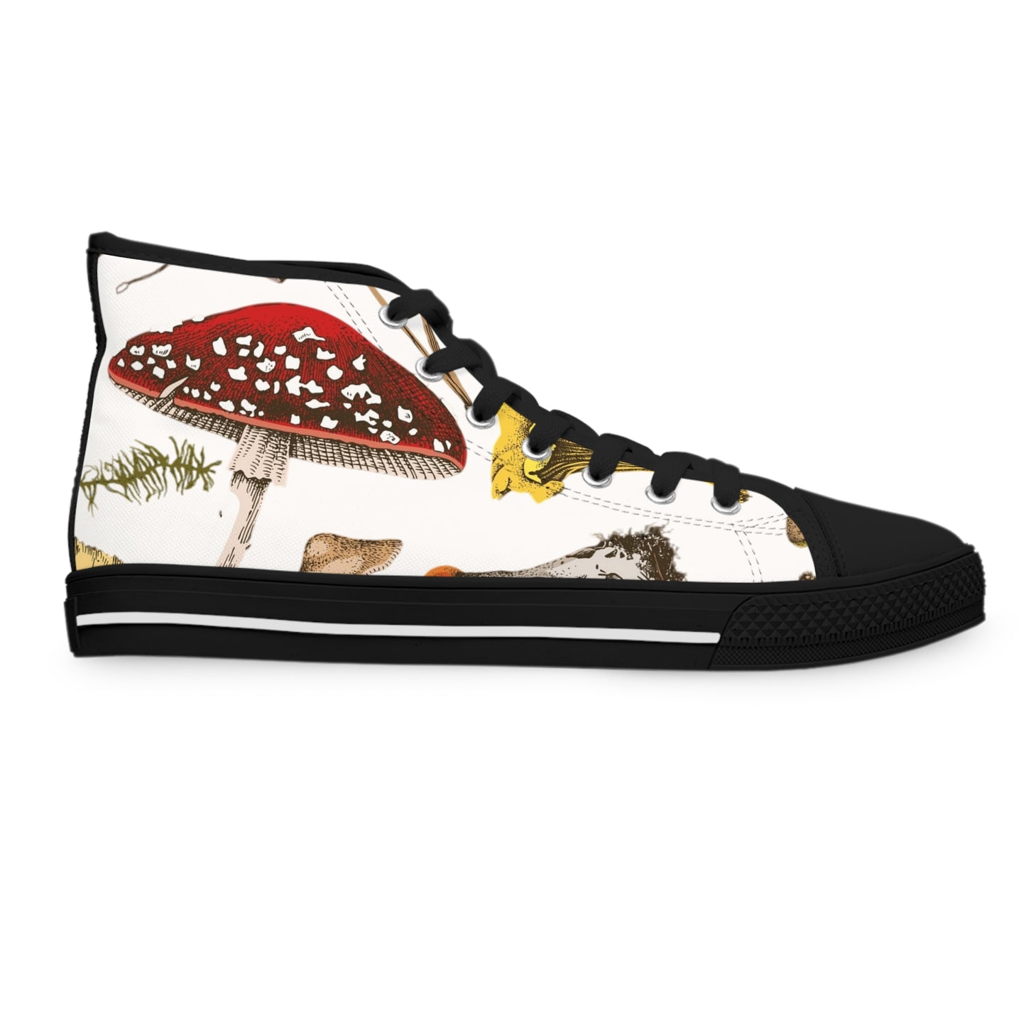White Whimsical Mushroom Print High Top Sneakers for Nature Lovers, Unique Fashion Footwear, Boho Style, Gift for Her, Trendy Sneakers