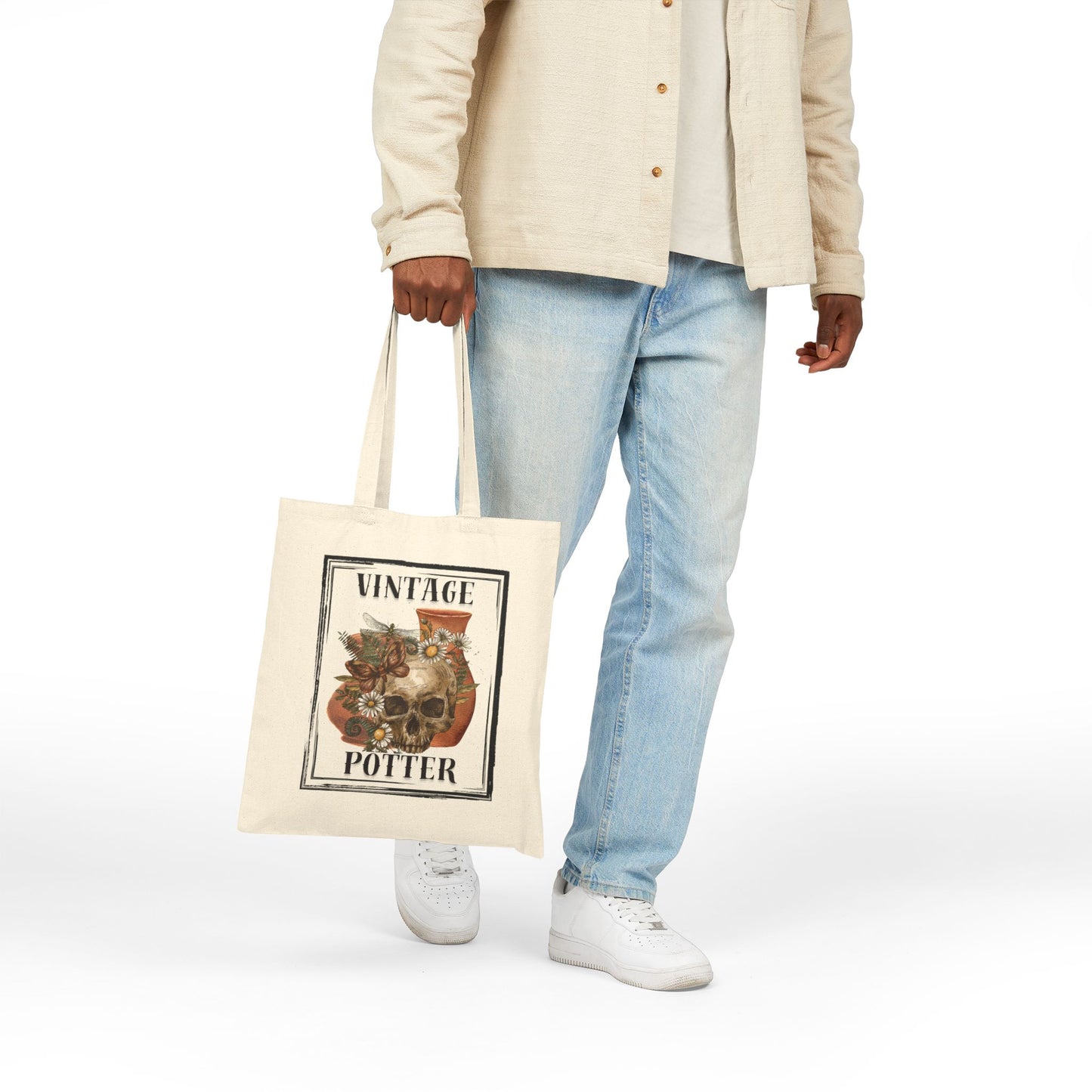 Vintage Potter Tote Bag, Skulls, Boho Canvas Bag, Eco-Friendly Shopping Bag, Artsy Gift