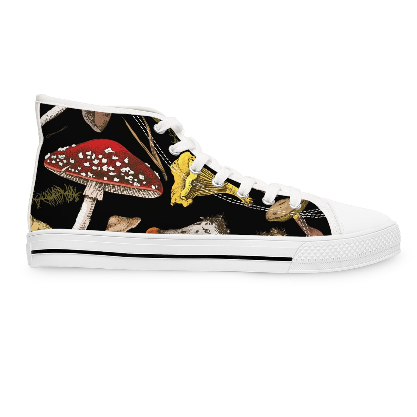 Whimsical Mushroom Print High Top Sneakers for Nature Lovers, Unique Fashion Footwear, Boho Style, Gift for Her, Trendy Sneakers