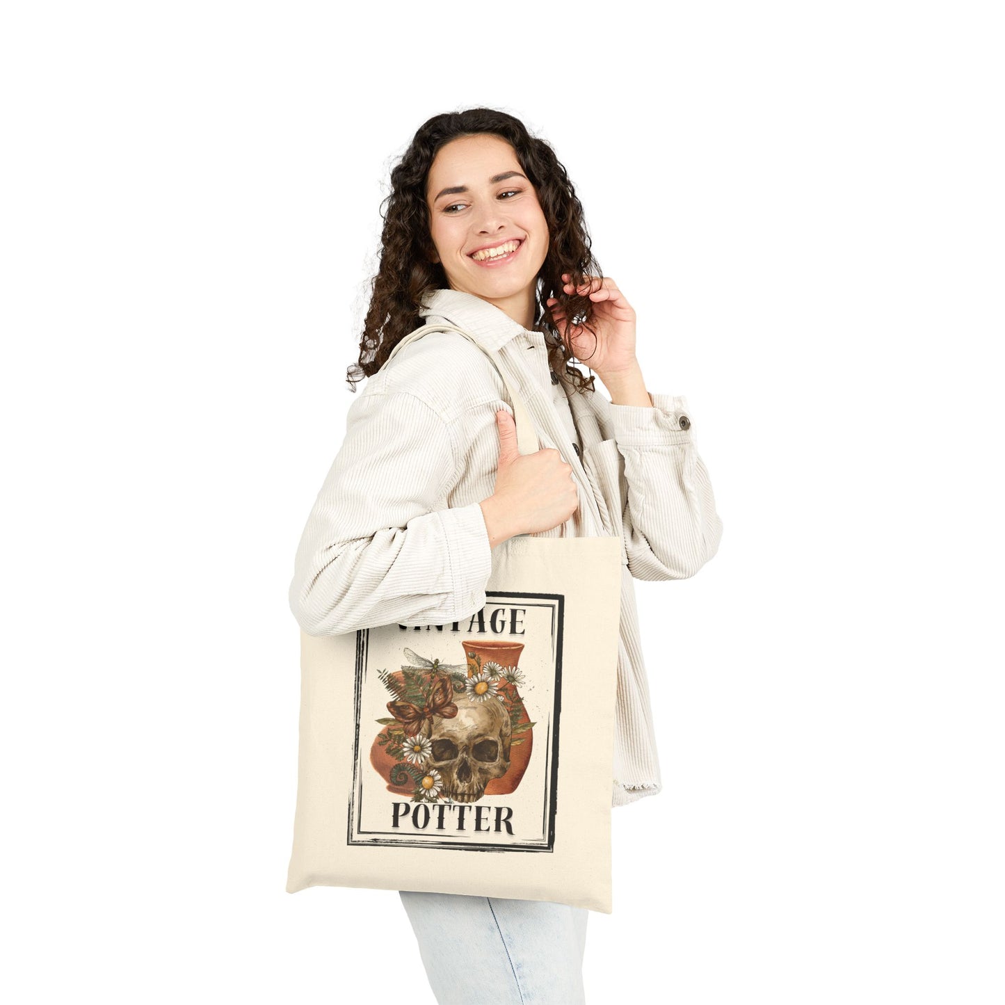 Vintage Potter Tote Bag, Skulls, Boho Canvas Bag, Eco-Friendly Shopping Bag, Artsy Gift