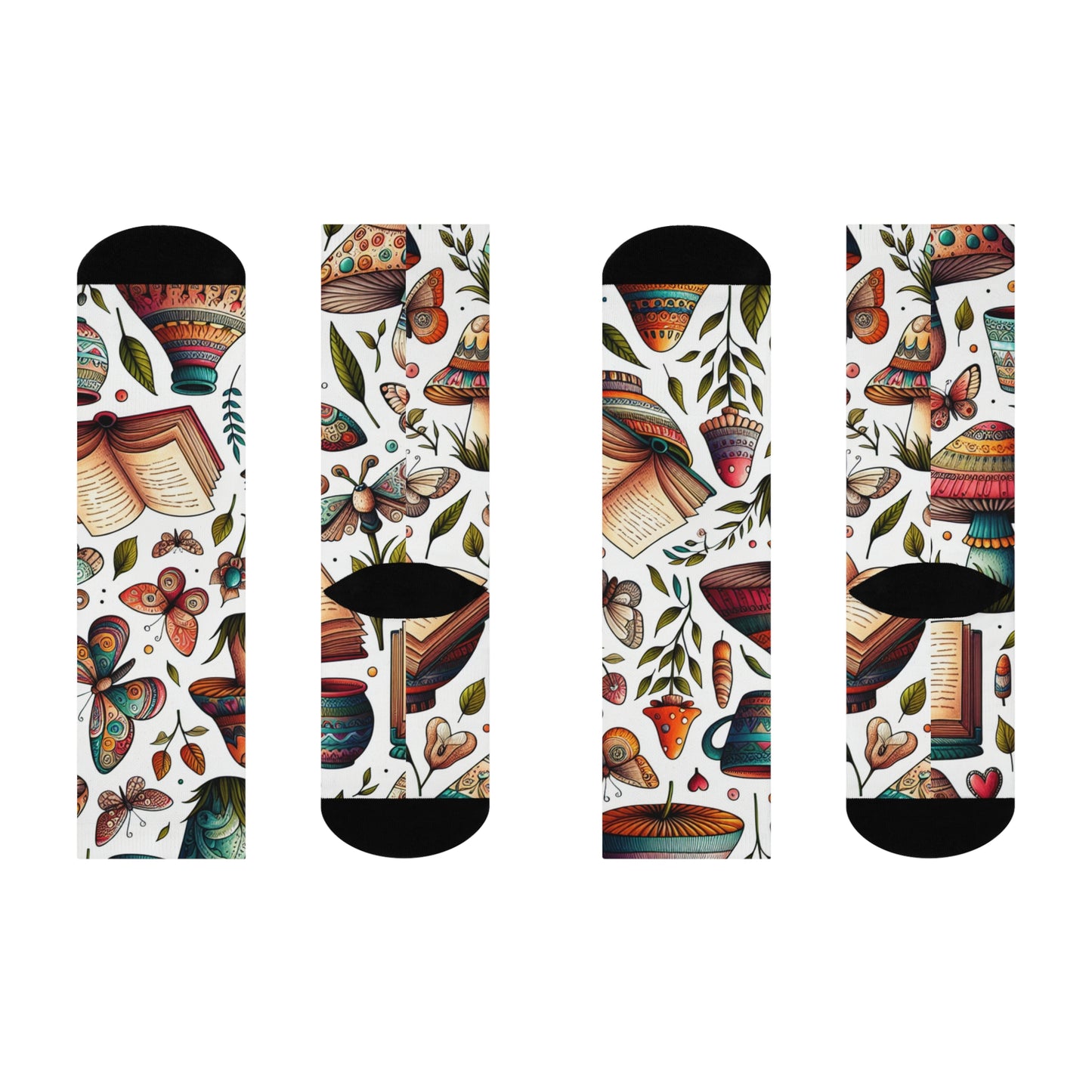 Whimsical Nature Crew Socks for Pottery and Book Lovers, Cozy Gift for Book Lovers, Unique Fashion Accessories, Perfect for Spring