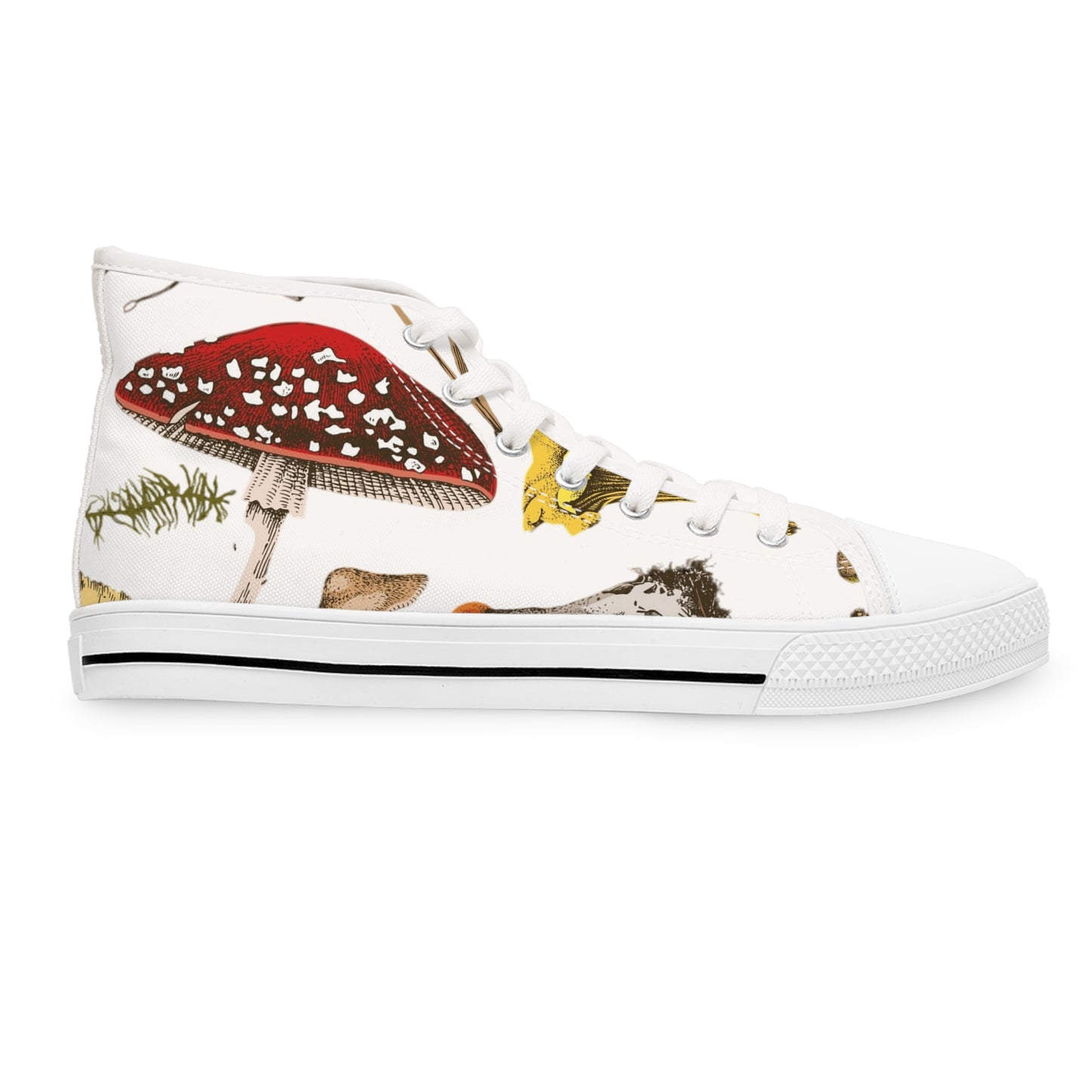 White Whimsical Mushroom Print High Top Sneakers for Nature Lovers, Unique Fashion Footwear, Boho Style, Gift for Her, Trendy Sneakers
