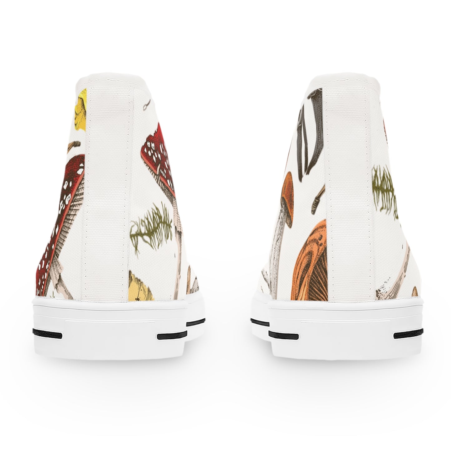 White Whimsical Mushroom Print High Top Sneakers for Nature Lovers, Unique Fashion Footwear, Boho Style, Gift for Her, Trendy Sneakers