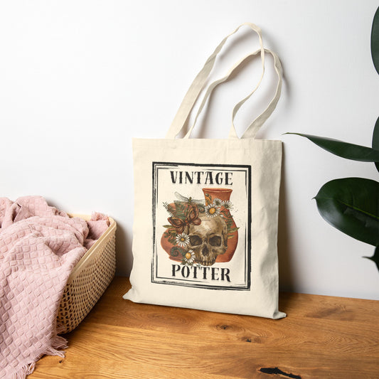 Vintage Potter Tote Bag, Skulls, Boho Canvas Bag, Eco-Friendly Shopping Bag, Artsy Gift