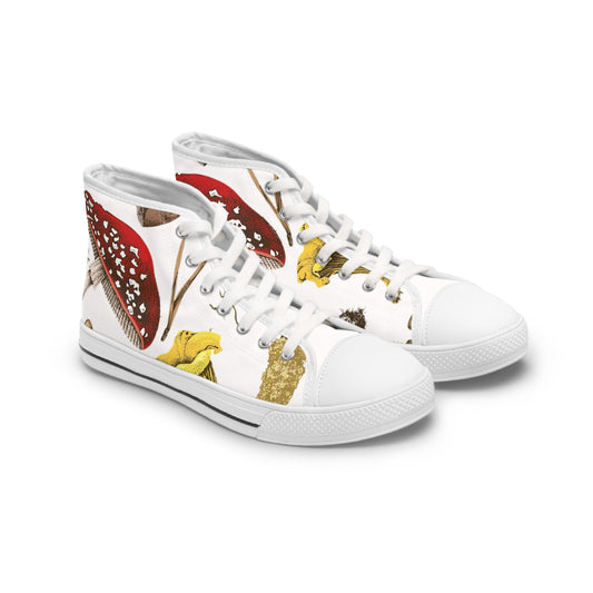 White Whimsical Mushroom Print High Top Sneakers for Nature Lovers, Unique Fashion Footwear, Boho Style, Gift for Her, Trendy Sneakers
