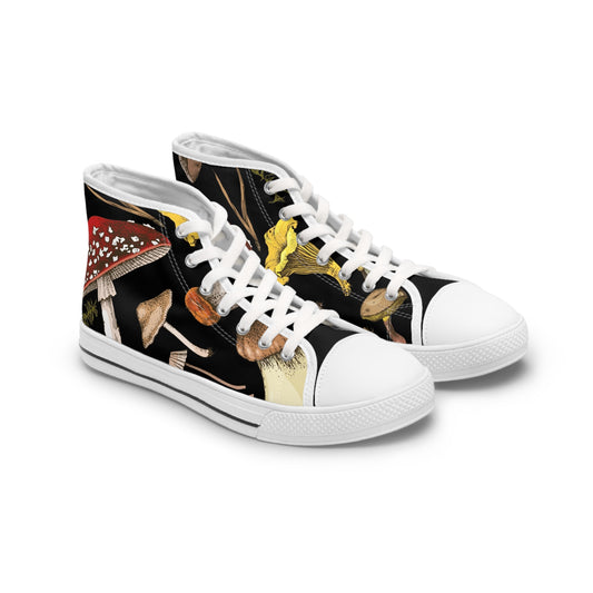 Whimsical Mushroom Print High Top Sneakers for Nature Lovers, Unique Fashion Footwear, Boho Style, Gift for Her, Trendy Sneakers