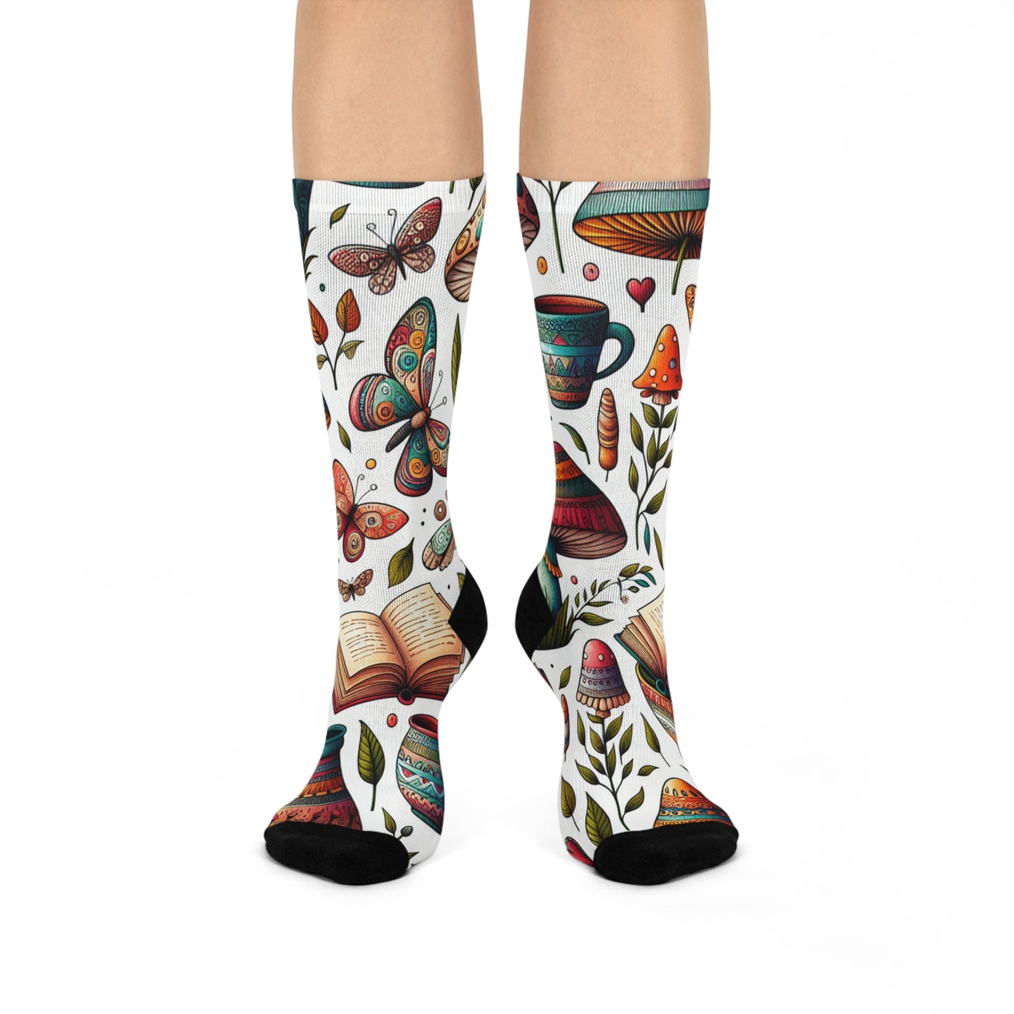 Whimsical Nature Crew Socks for Pottery and Book Lovers, Cozy Gift for Book Lovers, Unique Fashion Accessories, Perfect for Spring