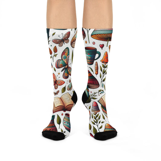 Whimsical Nature Crew Socks for Pottery and Book Lovers, Cozy Gift for Book Lovers, Unique Fashion Accessories, Perfect for Spring