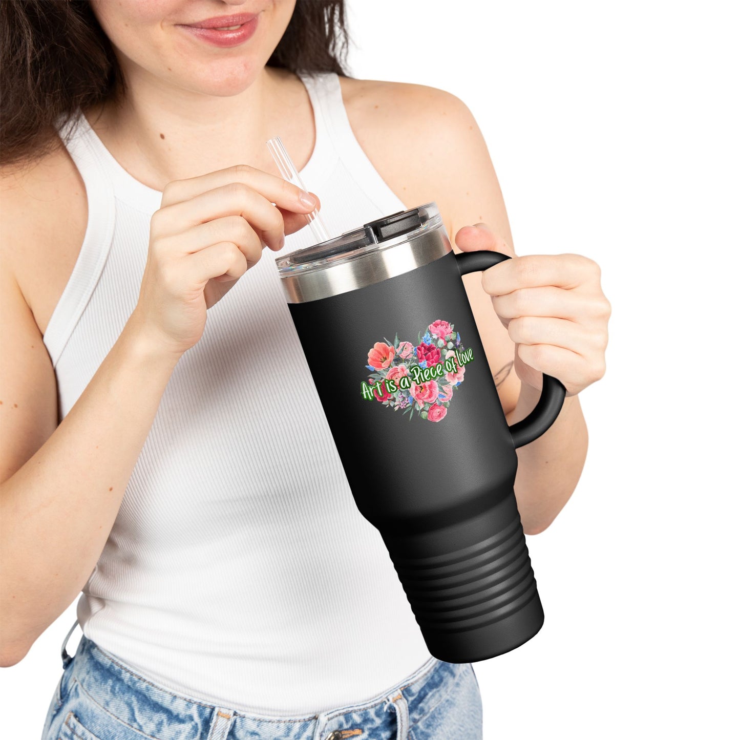 Floral Insulated Travel Mug - 40oz - "Art Is A Piece Of Love"